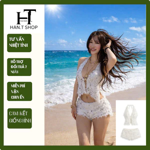 Set Bikini LÔNG VŨ BLING cổ yếm hở lưng + quần cap thấp tôn dáng