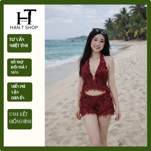 [BKN 0779] Set Bikini  LÔNG VŨ BLING cổ yếm hở lưng + quần cap thấp tôn dáng