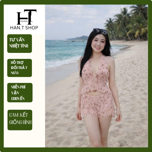 [BKN 0779] Set Bikini  LÔNG VŨ BLING cổ yếm hở lưng + quần cap thấp tôn dáng