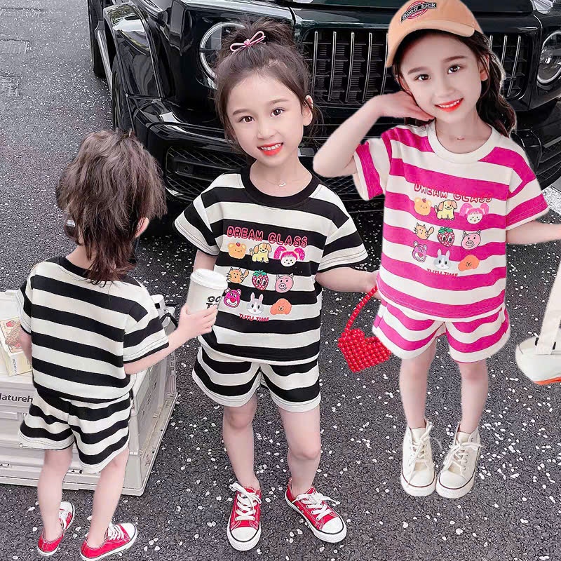 12-45kg.Bộ quần áo kẻ cộc tay mùa hè cho bé in hình hoạt hình chất vải cotton su mềm mịn thoáng mát.M65