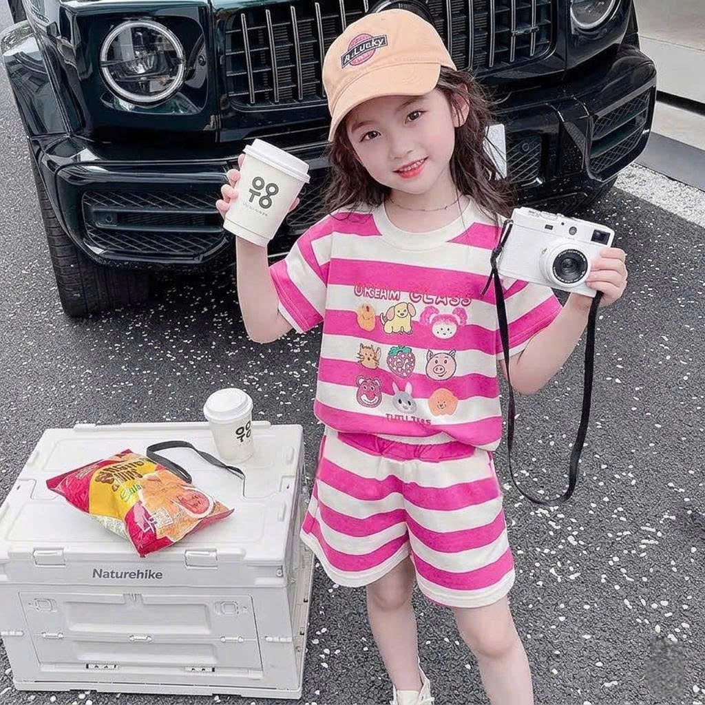 12-45kg.Bộ quần áo kẻ cộc tay mùa hè cho bé in hình hoạt hình chất vải cotton su mềm mịn thoáng mát.M65