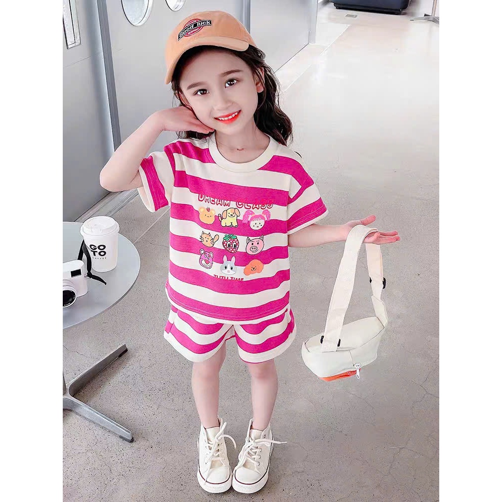 12-45kg.Bộ quần áo kẻ cộc tay mùa hè cho bé in hình hoạt hình chất vải cotton su mềm mịn thoáng mát.M65