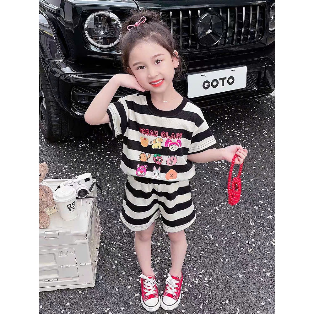 12-45kg.Bộ quần áo kẻ cộc tay mùa hè cho bé in hình hoạt hình chất vải cotton su mềm mịn thoáng mát.M65