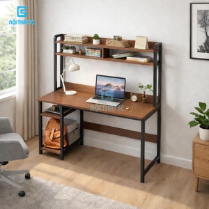 Bàn học tập, bàn làm việc Nội Thất 5C chân sắt 25x25mm mặt bàn uốn cong liền giá sách 4 tầng sắt sơn tĩnh điện hiện đại