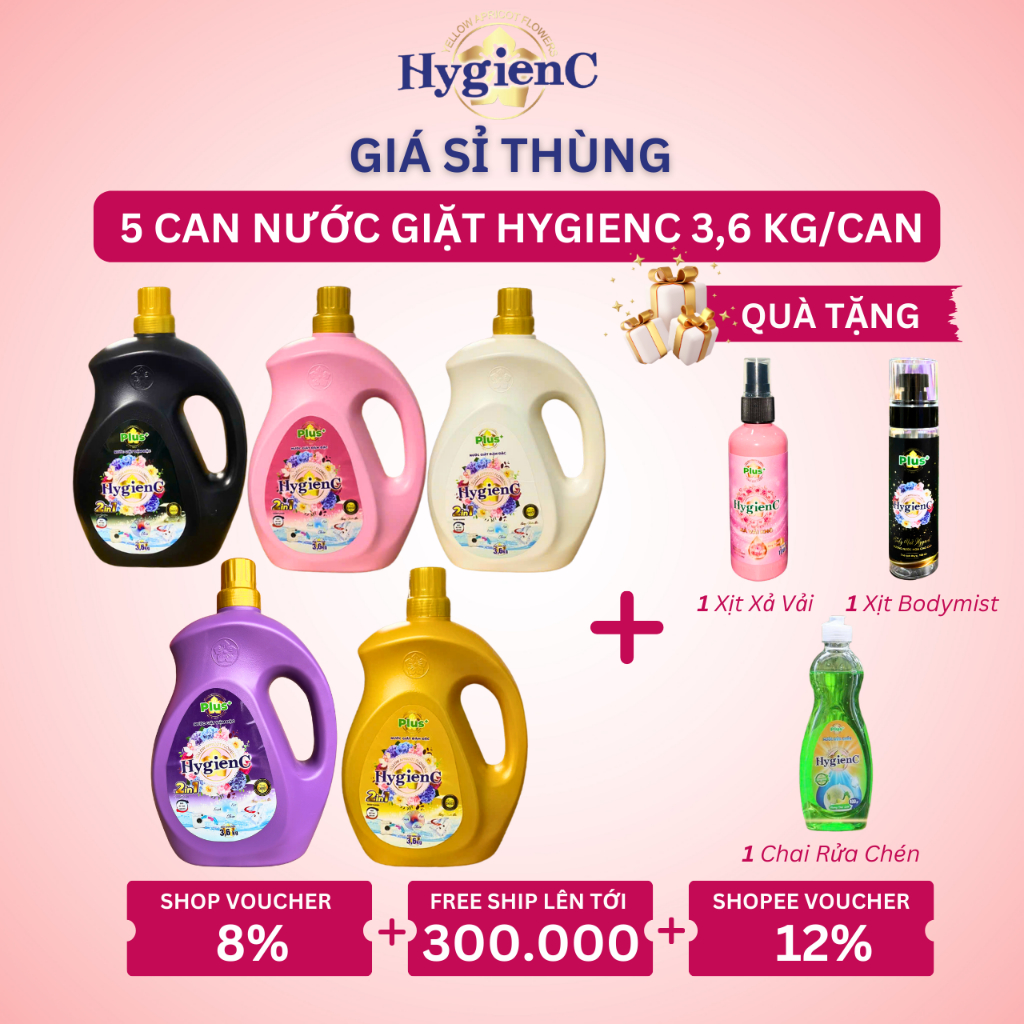 [SỈ THÙNG] Combo 5 Can Nước Giặt Đậm Đặc HygienC Plus 3,6 Kg/Can - Hương Nước Hoa, Làm Sạch Vết Bẩn