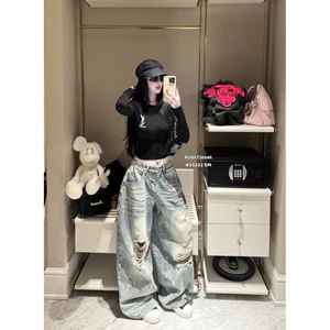Quần jeans suông mài rách