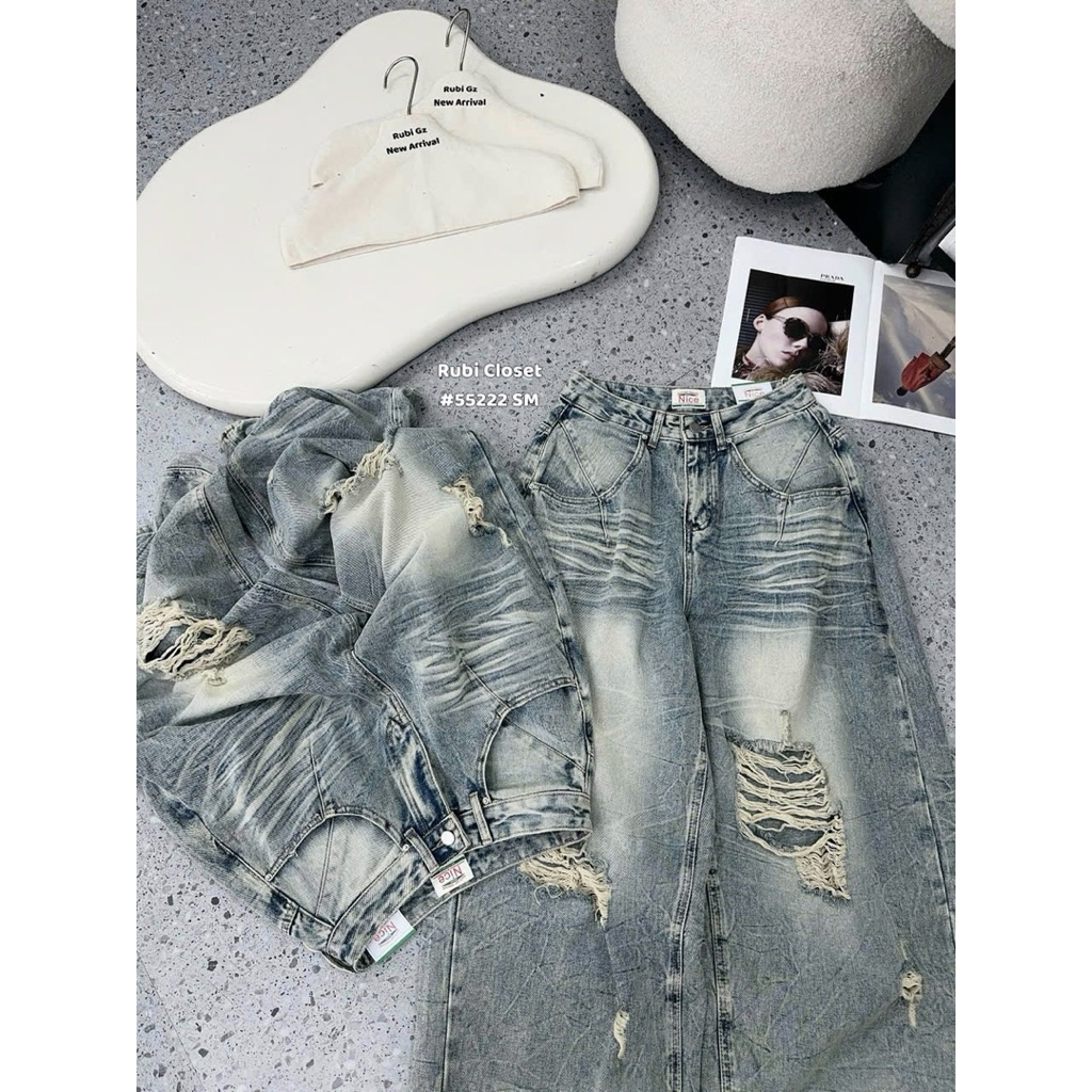 Quần jeans suông mài rách