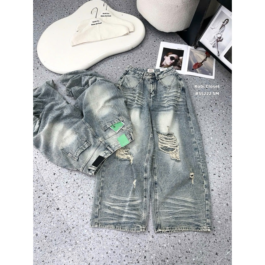 Quần jeans suông mài rách