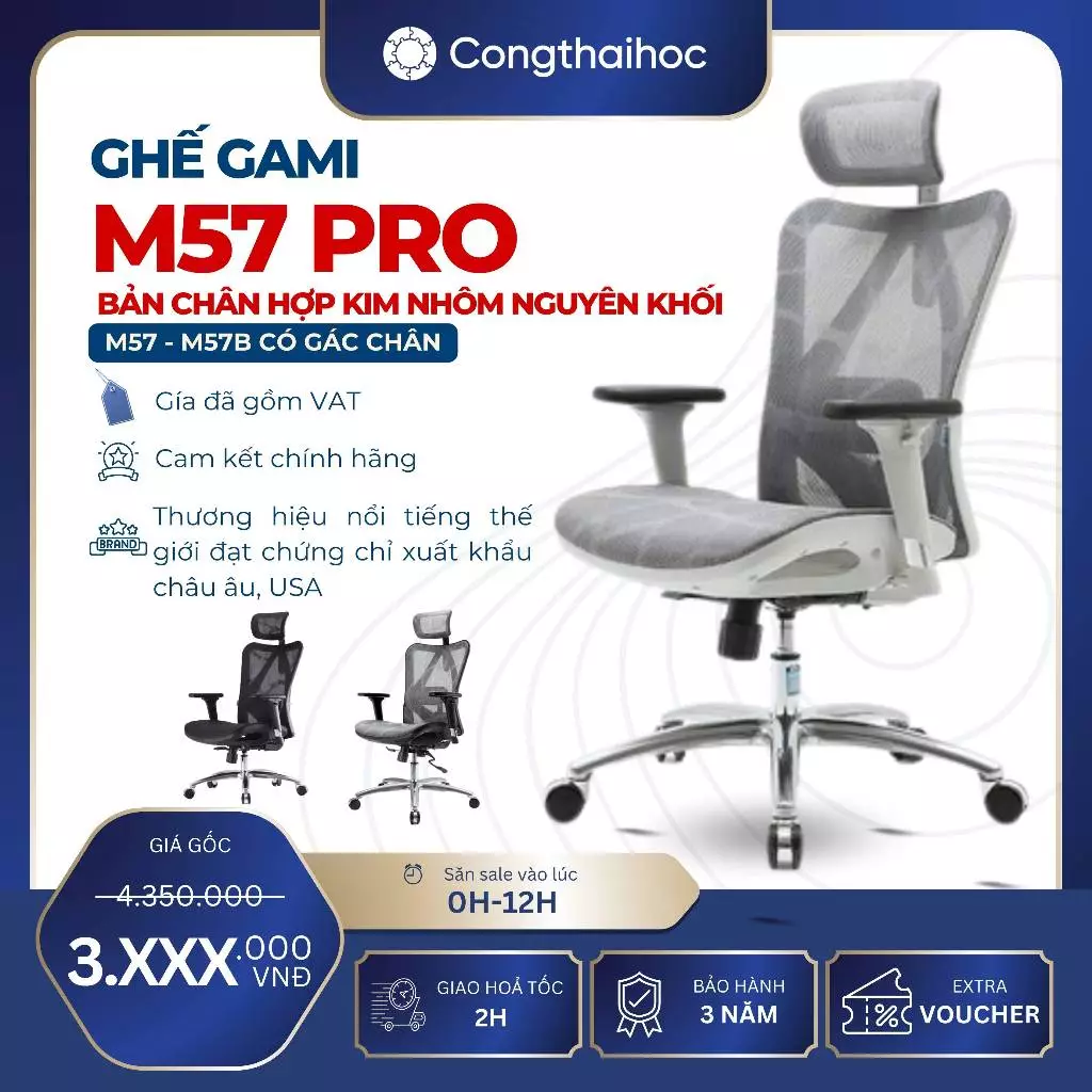 [CHÍNH HÃNG - HỎA TỐC 2H] Ghế công thái học M57 & 57B (có gác chân) chân hợp kim nhôm nguyên khối cao cấp Hiệu Gami