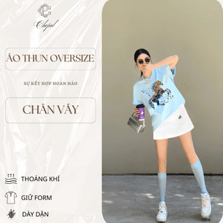 Set Bộ Áo Thun Nữ CHEPOL Form Rộng, Cổ Tròn, Phối Chân Váy Ngắn, In Hoa, Chất Cotton(Áo Phông Xanh Biển+Cv ngắn)CP_20805