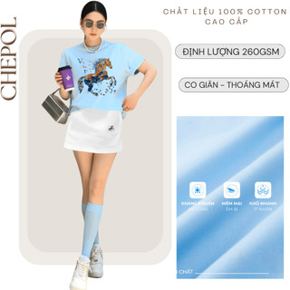 Set Bộ Áo Thun Nữ CHEPOL Form Rộng, Cổ Tròn, Phối Chân Váy Ngắn, In Hoa, Chất Cotton(Áo Phông Xanh Biển+Cv ngắn)CP_20805