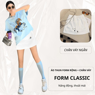 Set Bộ Áo Thun Nữ CHEPOL Form Rộng, Cổ Tròn, Phối Chân Váy Ngắn, In Hoa, Chất Cotton(Áo Phông Xanh Biển+Cv ngắn)CP_20805