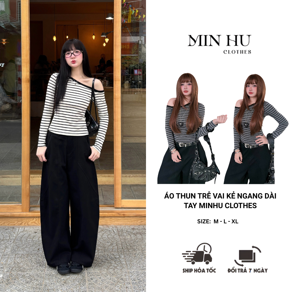 Áo Thun Nữ Trễ Vai Dài Tay Minhu Clothes, Áo Kẻ Ngang Dáng Ôm Tôn Dáng, Chất Thun Co Giãn Mềm Mịn, Free Size [AT03]