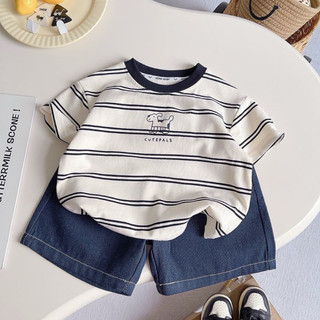 Set bộ áo phông cổ tròn kẻ sọc đen + quần short denim cho bé trai