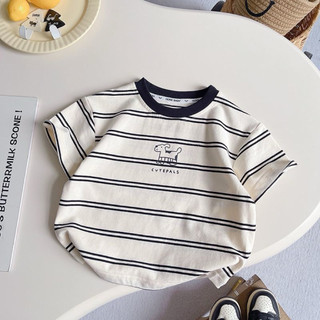 Set bộ áo phông cổ tròn kẻ sọc đen + quần short denim cho bé trai