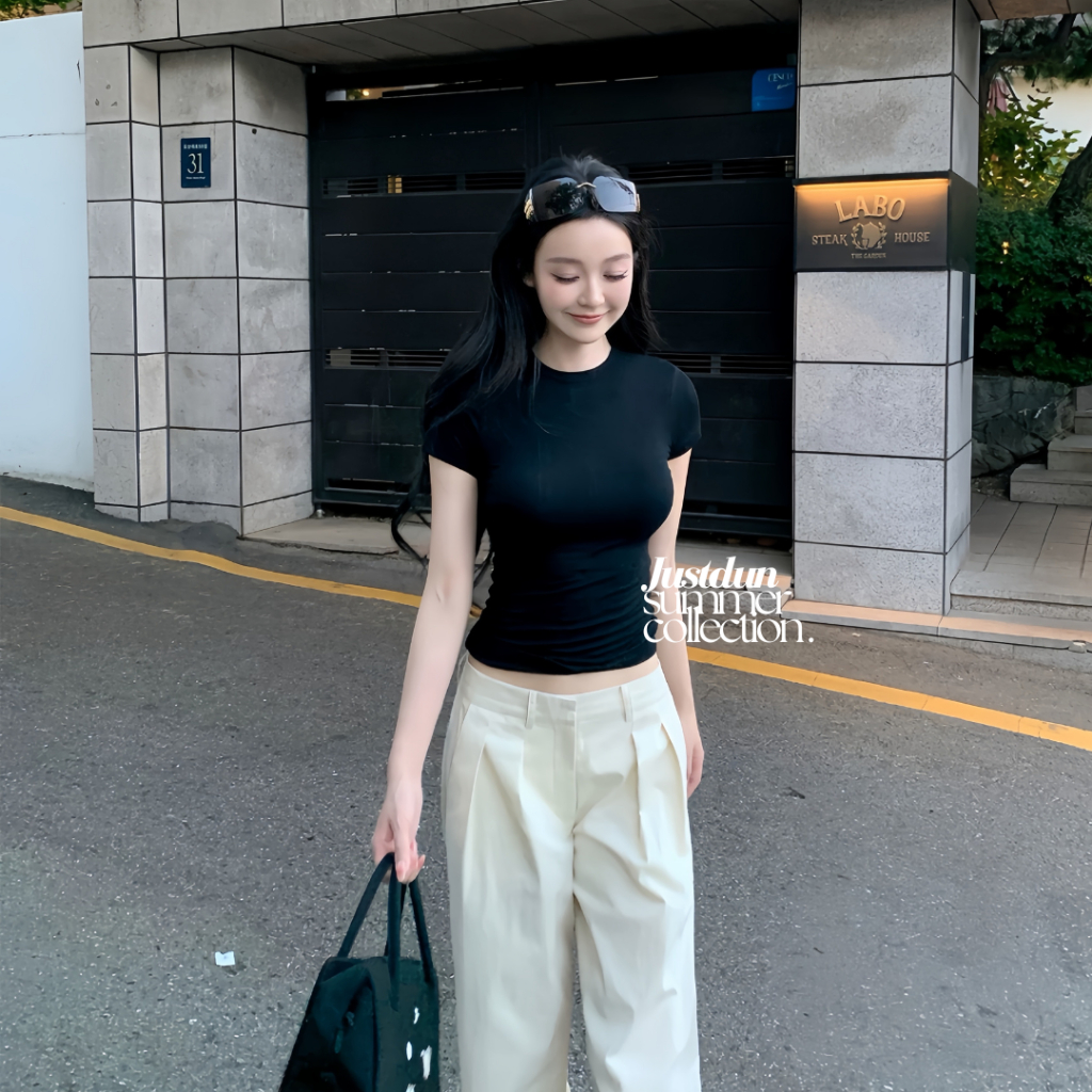 Áo thun croptop cộc tay nữ basic chất cotton mịn co giãn Justdun CT4