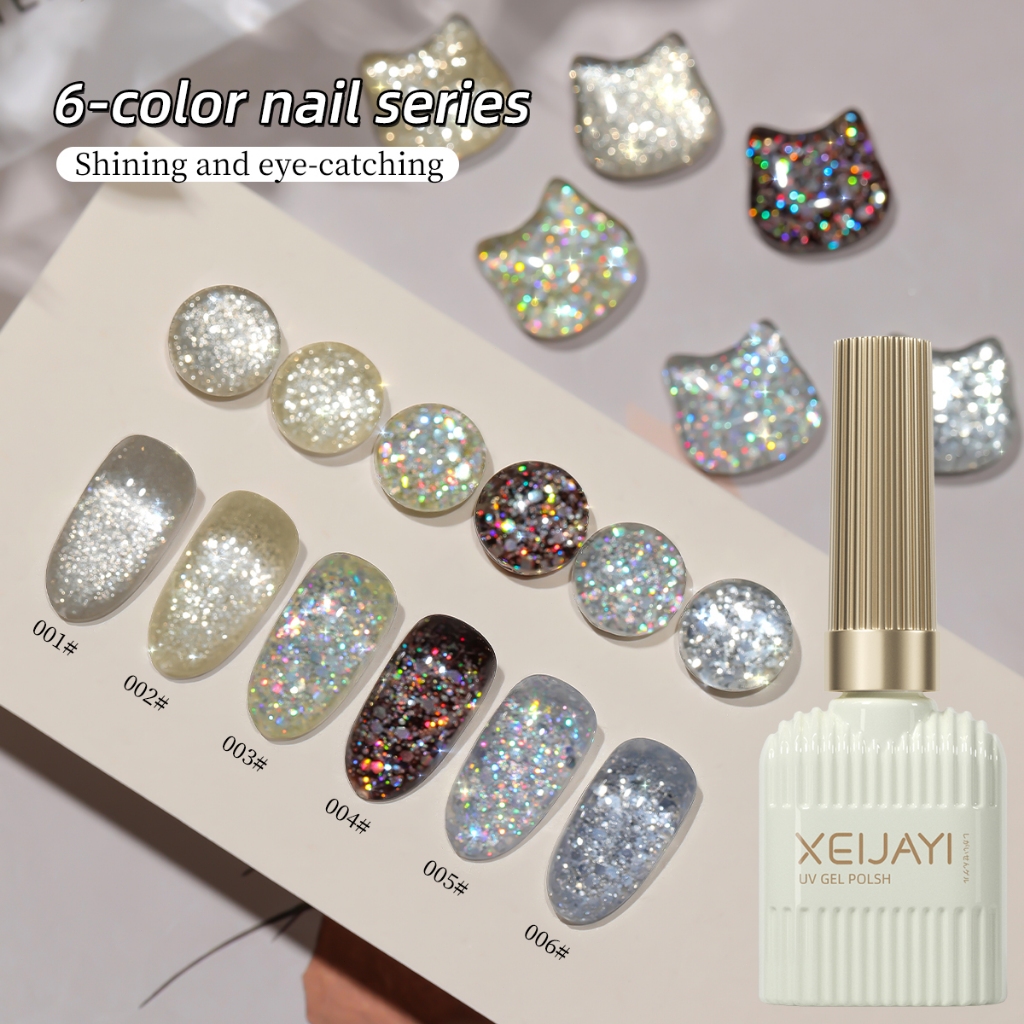 XEIJAYI 15ml Bộ sơn móng tay gel nhũ  6 màu, thích hợp cho tiệm nail và sử dụng hàng ngày.