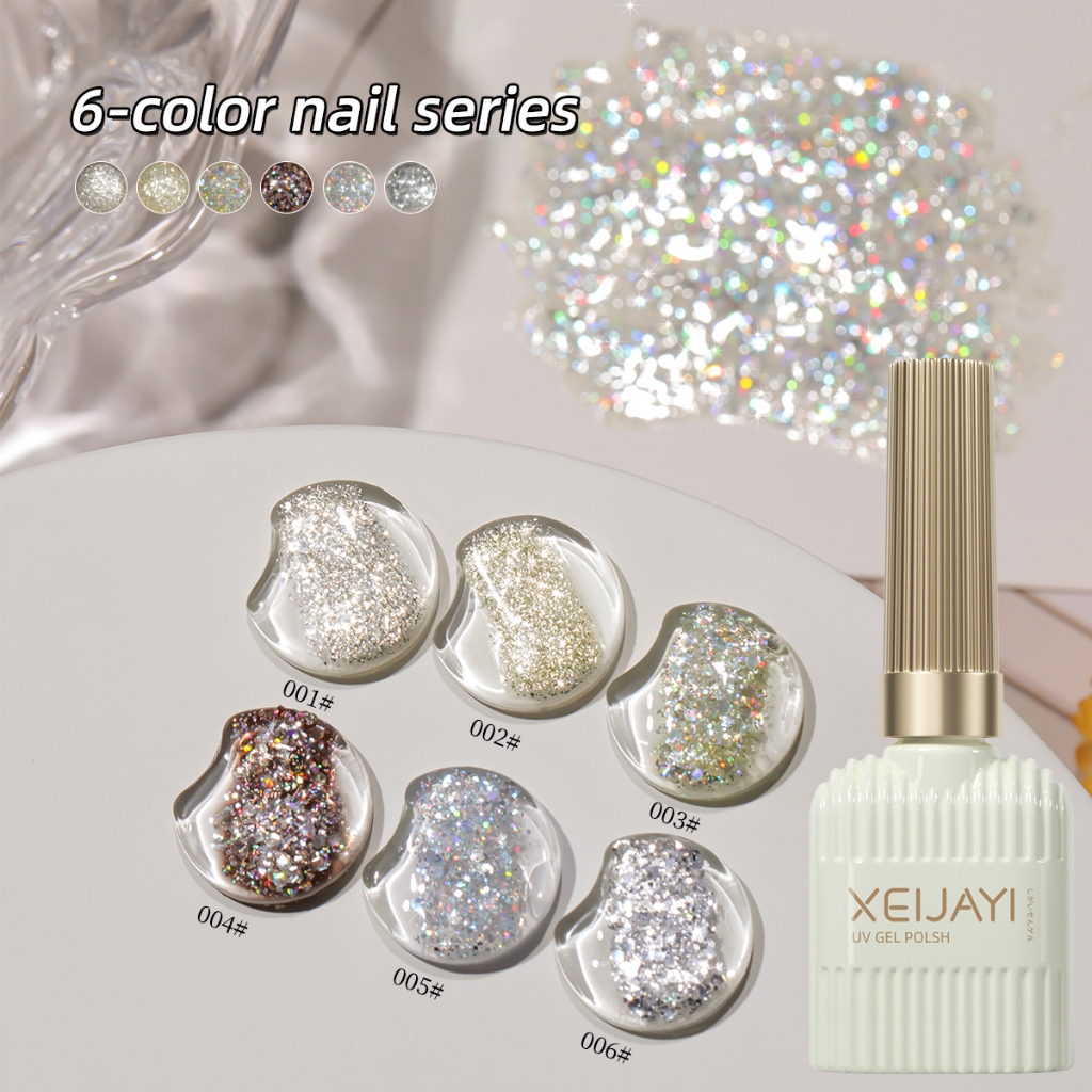 XEIJAYI 15ml Bộ sơn móng tay gel nhũ  6 màu, thích hợp cho tiệm nail và sử dụng hàng ngày.