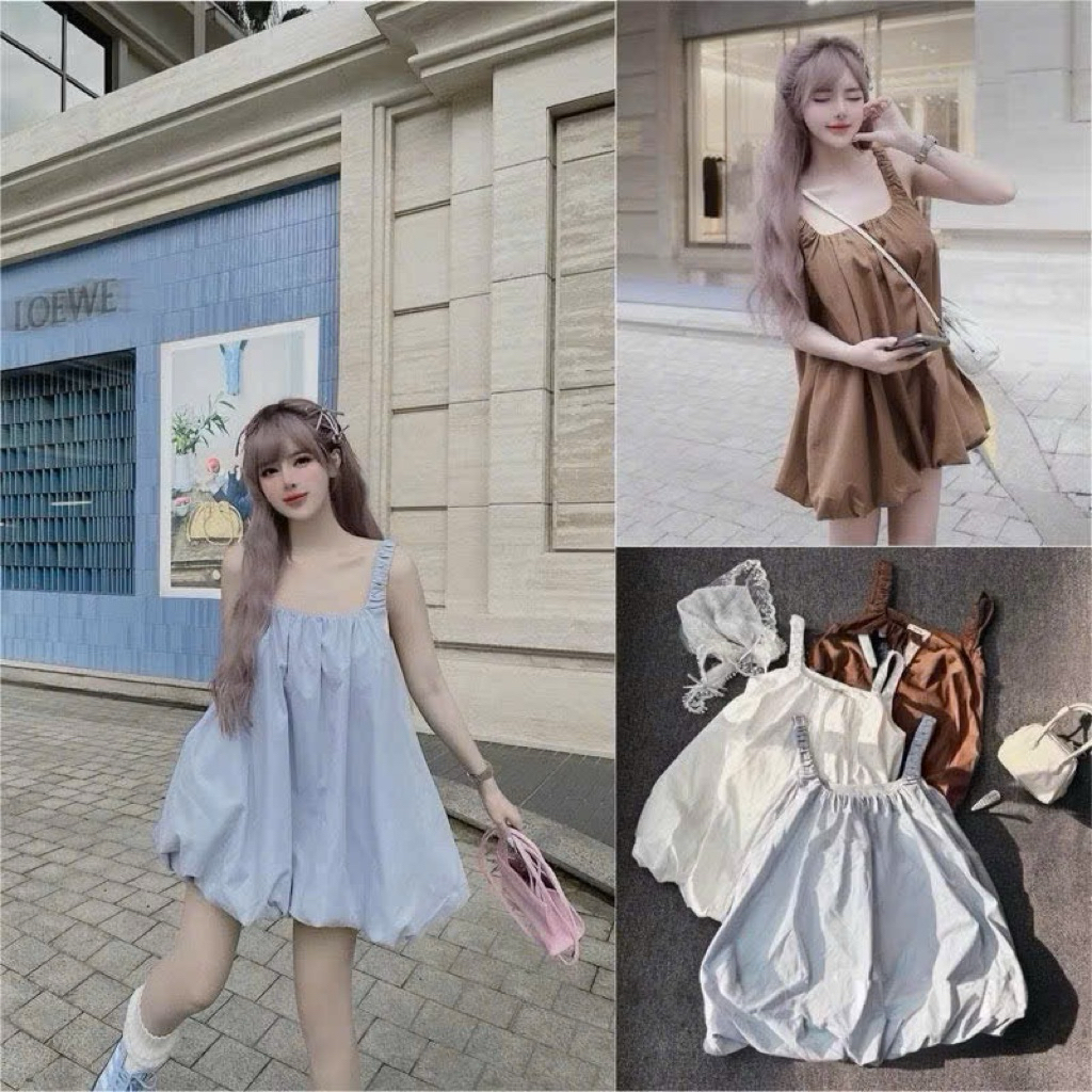 Đầm Babydoll Kaki Thô Cao Cấp Kèm Quần Bảo Hộ – Váy Xòe Tiểu Thư Form Rộng Mặc Đi Chơi, Dạo Phố (Màu Biển / Trắng / Nâu)