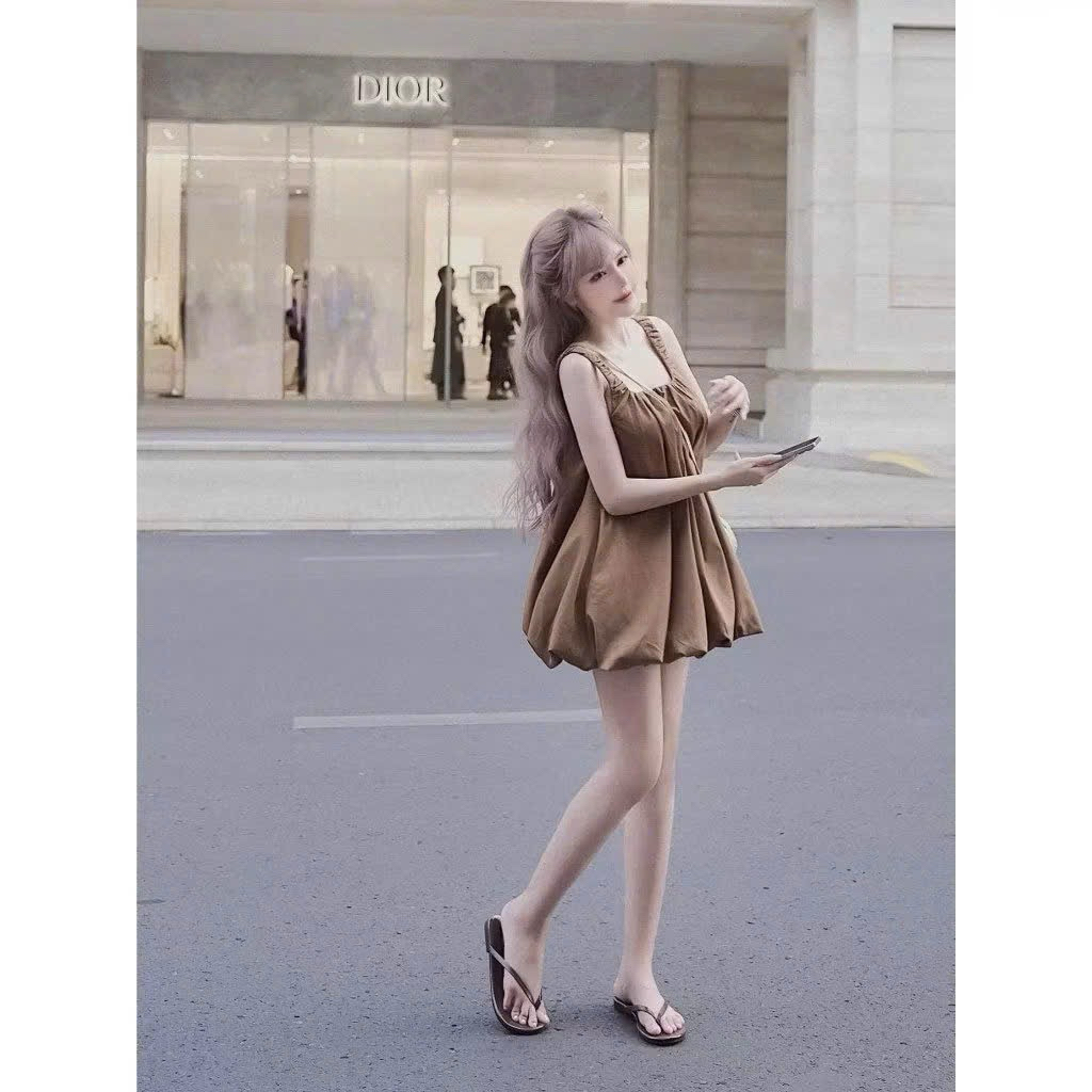 Đầm Babydoll Kaki Thô Cao Cấp Kèm Quần Bảo Hộ – Váy Xòe Tiểu Thư Form Rộng Mặc Đi Chơi, Dạo Phố (Màu Biển / Trắng / Nâu)
