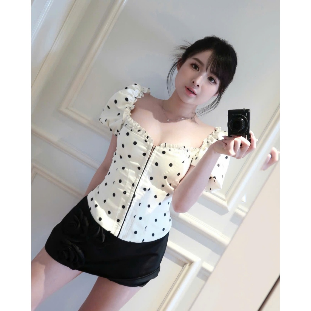 [Hàng loại 1] Áo kiểu Corset cup ngực chấm bi A24 tay phồng cổ vuông ôm eo tiểu thư vitage quyến rũ