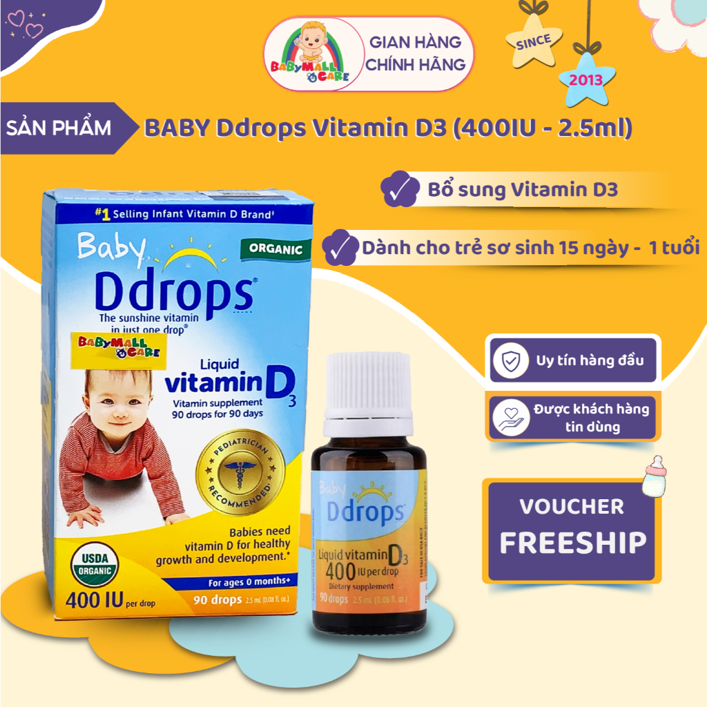 Baby Ddrops Vitamin D3 400IU 2.5ml Nhỏ Giọt Cho Bé 15 Ngày–1 Tuổi | Babymall & Care