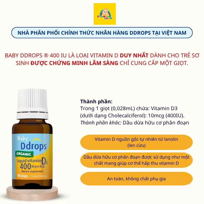 Baby Ddrops Vitamin D3 400IU 2.5ml Nhỏ Giọt Cho Bé 15 Ngày–1 Tuổi | Babymall & Care