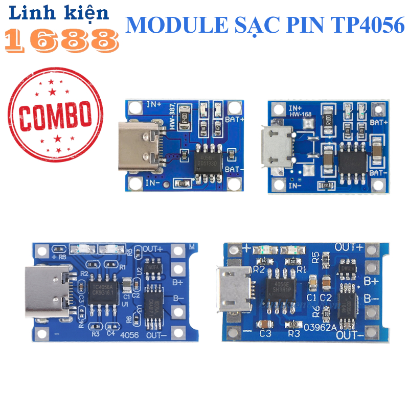 Combo- Sạc Pin TP4056 1A Cổng Type-C/Micro USB Chuyên Sạc Pin 18650/Li-Po