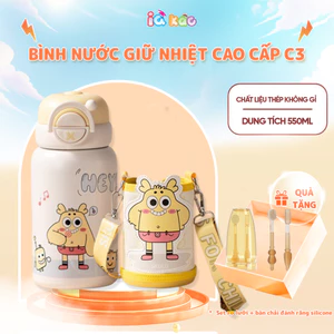 Bình Nước Giữ Nhiệt SKULD C3 550ml Cho Bé, 2 Nắp Ống Hút Và Cốc Uống, Giữ Ấm 12 Giờ, Kèm Dây Đeo Tiện Lợi IQKAO