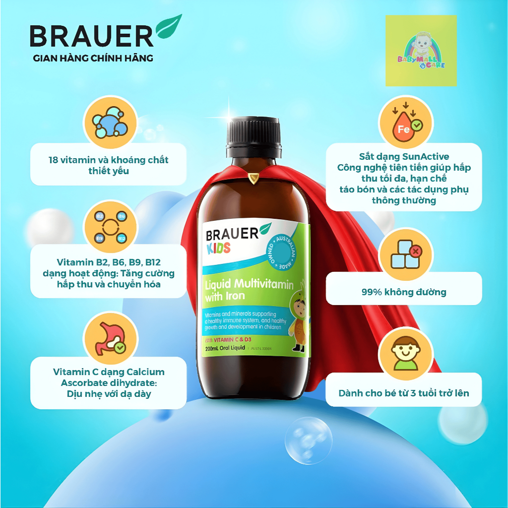 Siro Brauer Kids Liquid Multivitamin with Iron 200ml 3+ Hỗ Trợ  Miễn Dịch Cho Trẻ | Babymall & Care