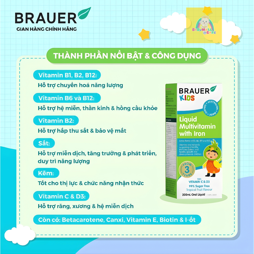Siro Brauer Kids Liquid Multivitamin with Iron 200ml 3+ Hỗ Trợ  Miễn Dịch Cho Trẻ | Babymall & Care