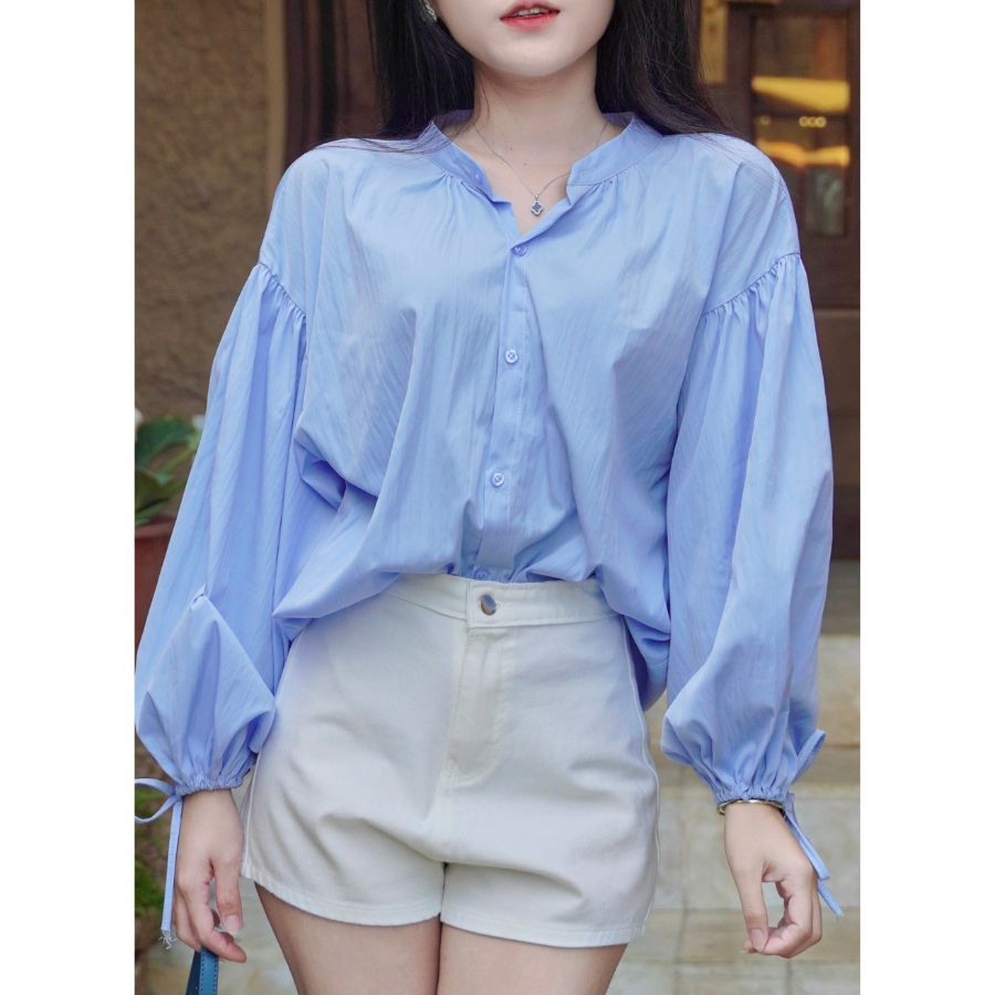 Áo Sơ Mi Tay Phồng Bo Chun Thắt Nơ Milasu Áo Dài Tay From Rộng Chất Gió Nhăn 514 | BigBuy360 - bigbuy360.vn