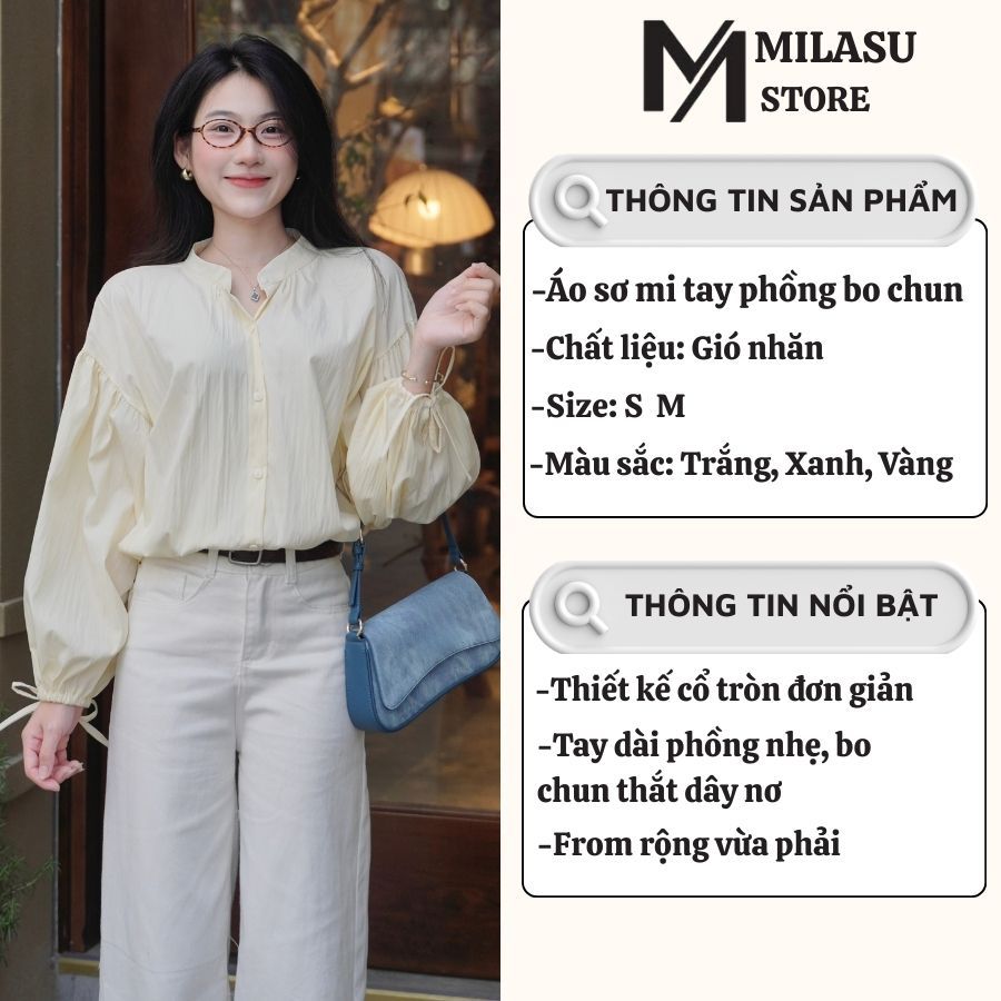 Áo Sơ Mi Tay Phồng Bo Chun Thắt Nơ Milasu Áo Dài Tay From Rộng Chất Gió Nhăn 514 | BigBuy360 - bigbuy360.vn