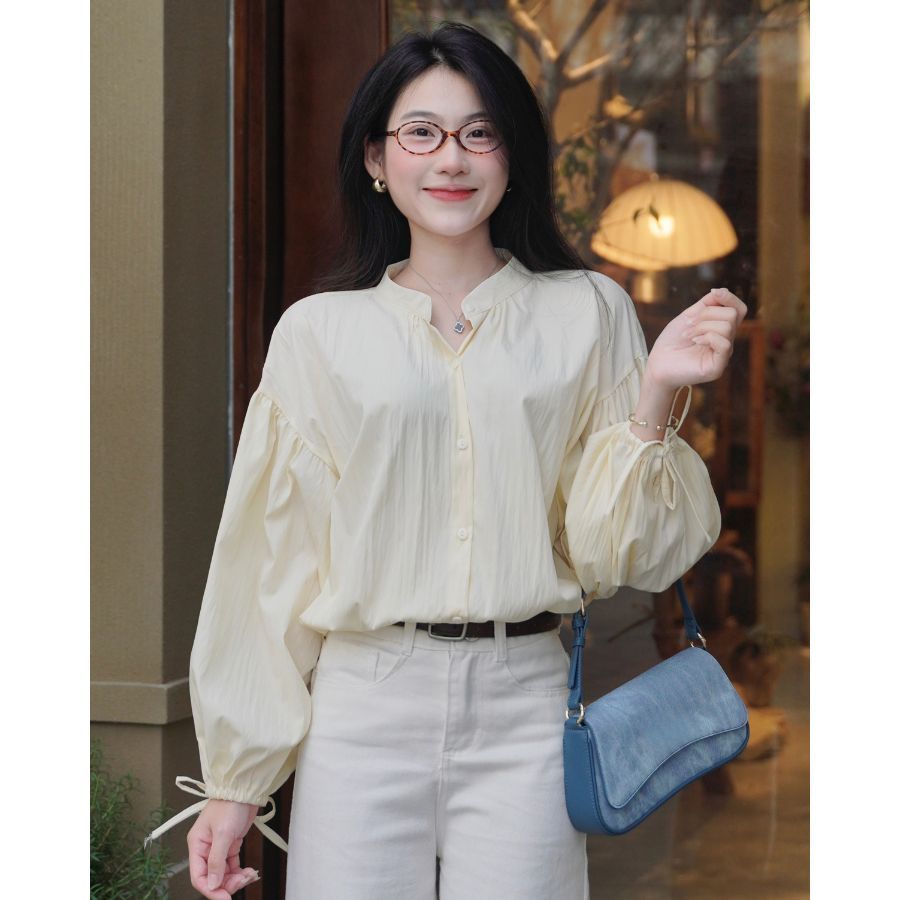 Áo Sơ Mi Tay Phồng Bo Chun Thắt Nơ Milasu Áo Dài Tay From Rộng Chất Gió Nhăn 514 | BigBuy360 - bigbuy360.vn
