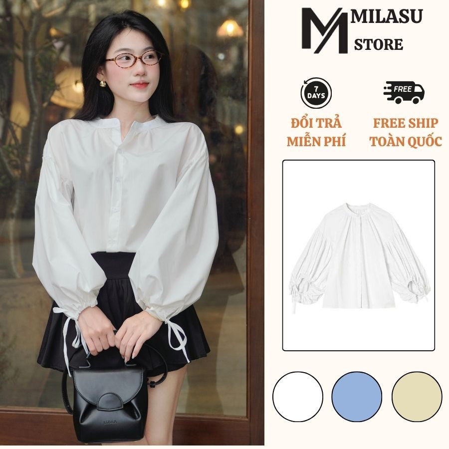 Áo Sơ Mi Tay Phồng Bo Chun Thắt Nơ Milasu Áo Dài Tay From Rộng Chất Gió Nhăn 514