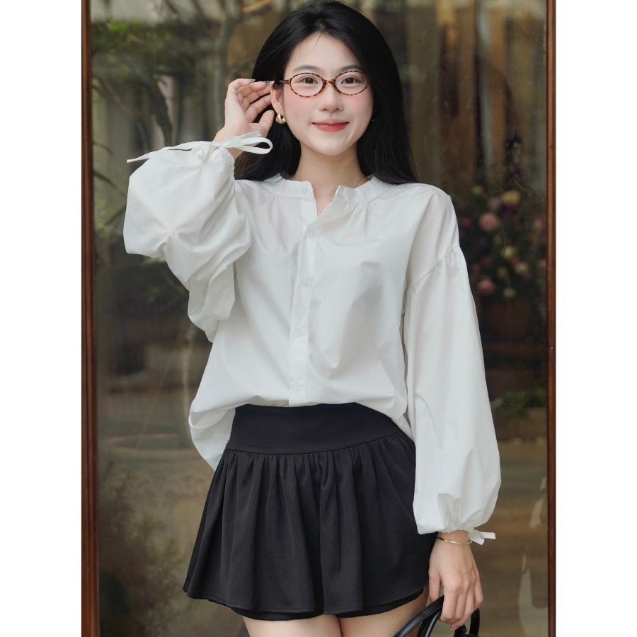 Áo Sơ Mi Tay Phồng Bo Chun Thắt Nơ Milasu Áo Dài Tay From Rộng Chất Gió Nhăn 514 | BigBuy360 - bigbuy360.vn