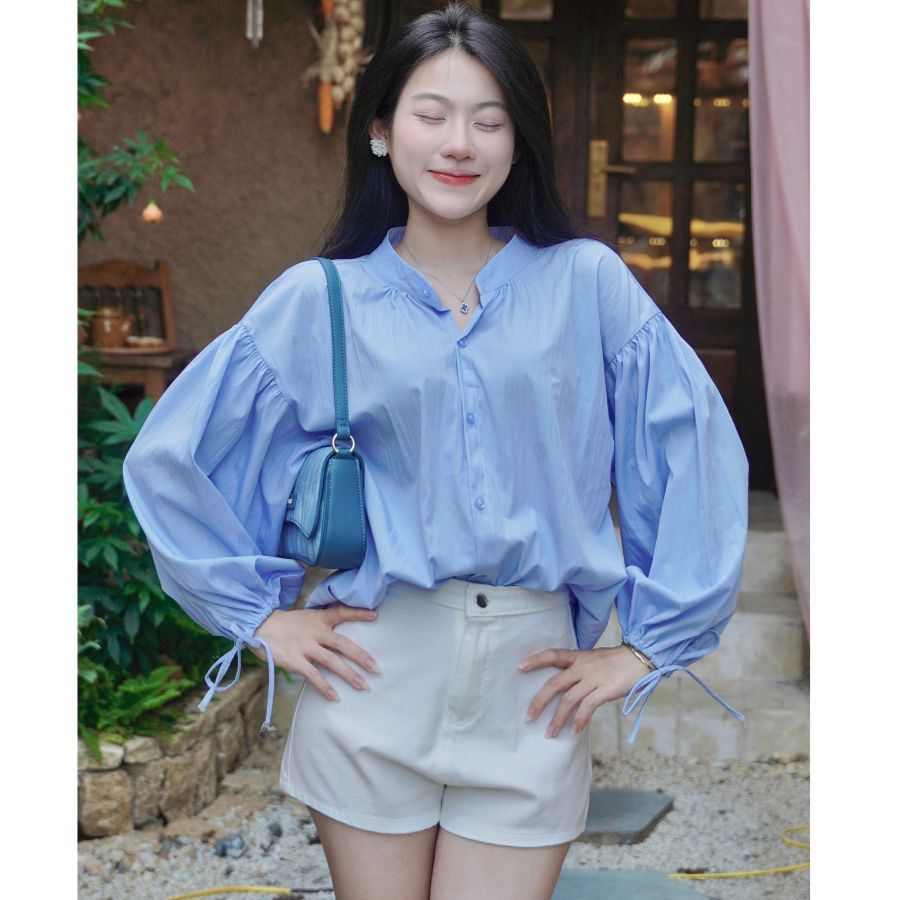 Áo Sơ Mi Tay Phồng Bo Chun Thắt Nơ Milasu Áo Dài Tay From Rộng Chất Gió Nhăn 514 | BigBuy360 - bigbuy360.vn