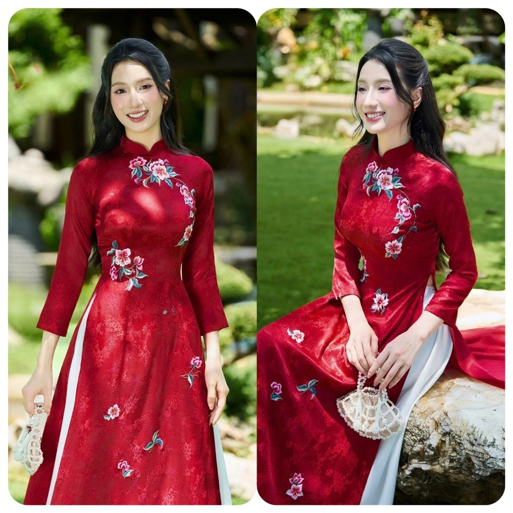 Áo Dài Truyền Thống Thêu Hoa Cao Cấp - Lụa Mềm Mịn, Dáng Ôm Thanh Lịch Thêu Hoa Thủ Công T1518G
