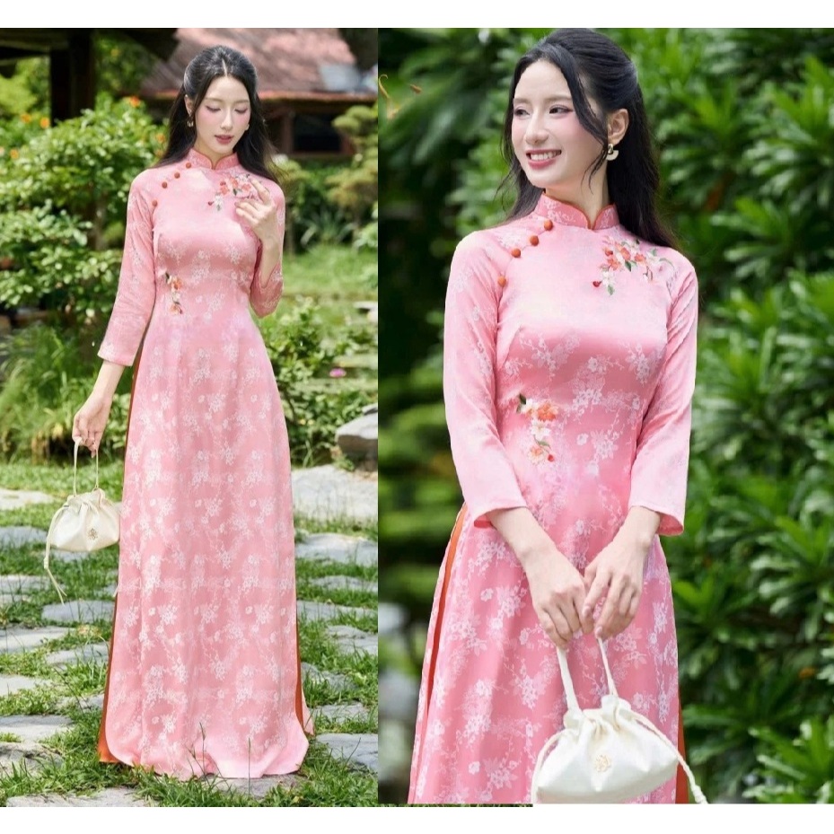 Áo Dài Truyền Thống Thêu Hoa Cao Cấp - Lụa Mềm Mịn, Dáng Ôm Thanh Lịch Thêu Hoa Thủ Công T1518G