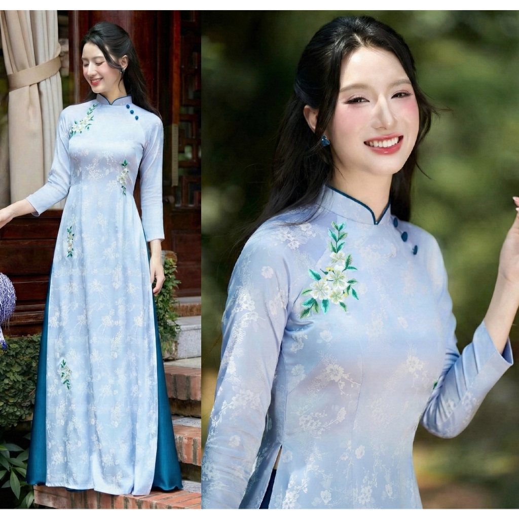 Áo Dài Truyền Thống Thêu Hoa Cao Cấp - Lụa Mềm Mịn, Dáng Ôm Thanh Lịch Thêu Hoa Thủ Công T1518G