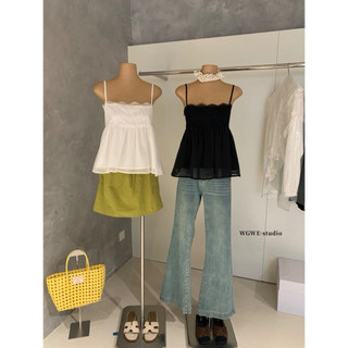 𝐏𝐡𝐢𝐞𝐧 𝐖𝐆𝐖𝐄 | (Sẵn đen) w8672 Áo 2 Dây Phối Ren Dáng Xoè Nhẹ