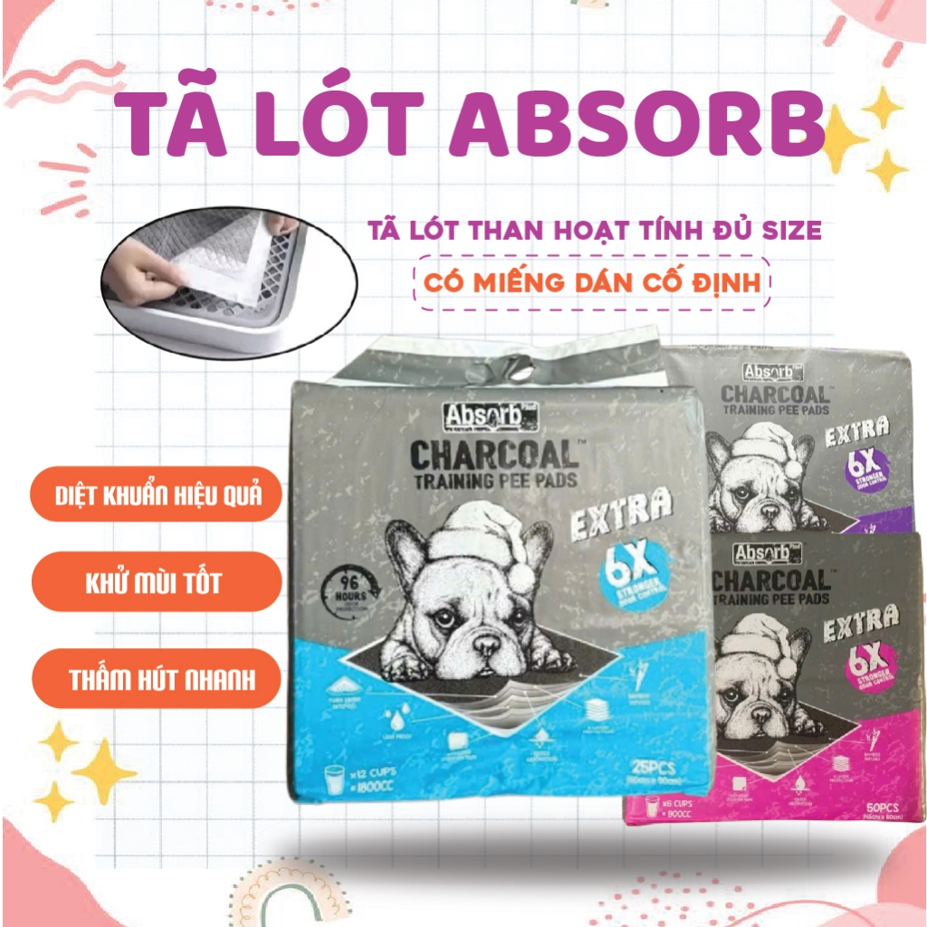 Miếng lót vệ sinh cho chó, tã lót than hoạt tính bịch 100 miếng CHARCOAL  ABSORB siêu thấm hút khử mùi tốt
