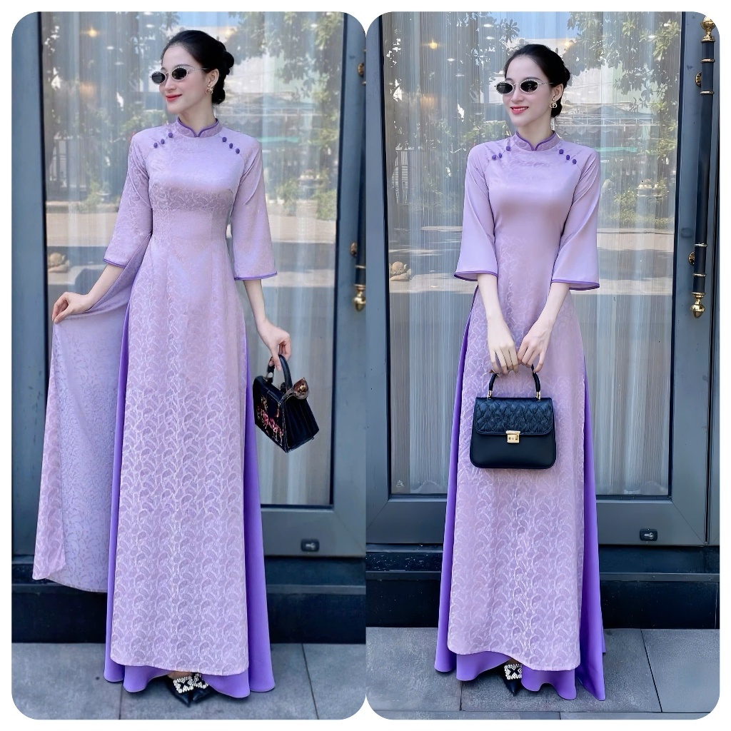 Áo Dài Nữ Cách Tân Tím Pastel Họa Tiết Vân Chìm set Áo Dài Tay Lỡ Dáng Suông Hiện Đại Kèm Quần Lụa Ống T1521G
