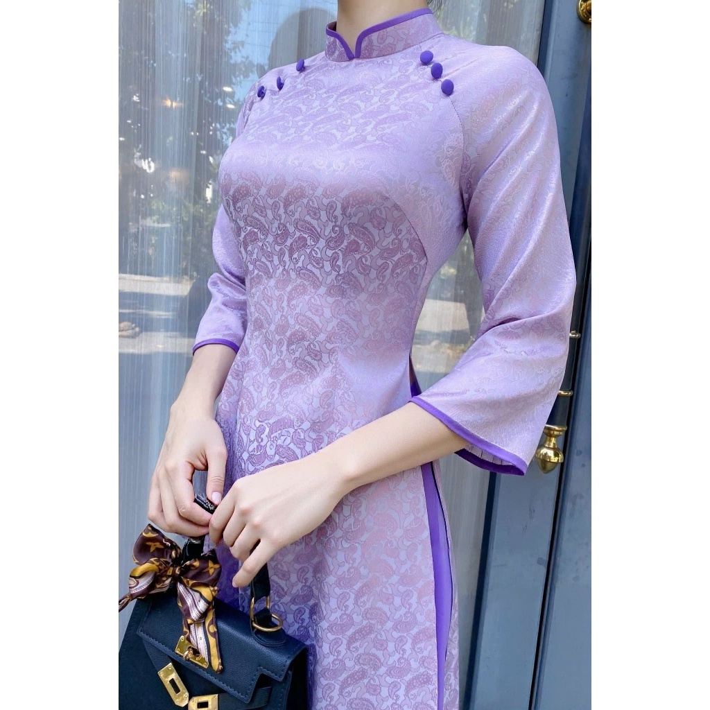 Áo Dài Nữ Cách Tân Tím Pastel Họa Tiết Vân Chìm set Áo Dài Tay Lỡ Dáng Suông Hiện Đại Kèm Quần Lụa Ống T1521G