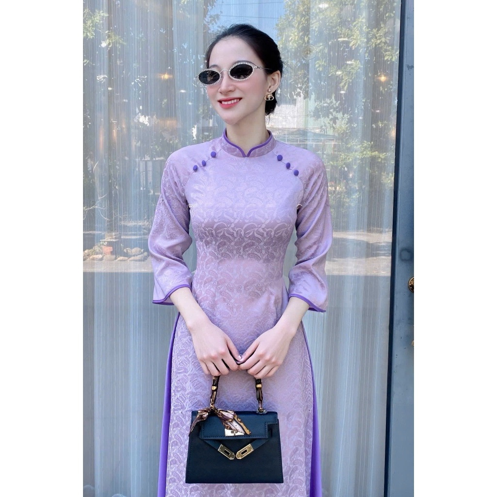 Áo Dài Nữ Cách Tân Tím Pastel Họa Tiết Vân Chìm set Áo Dài Tay Lỡ Dáng Suông Hiện Đại Kèm Quần Lụa Ống T1521G