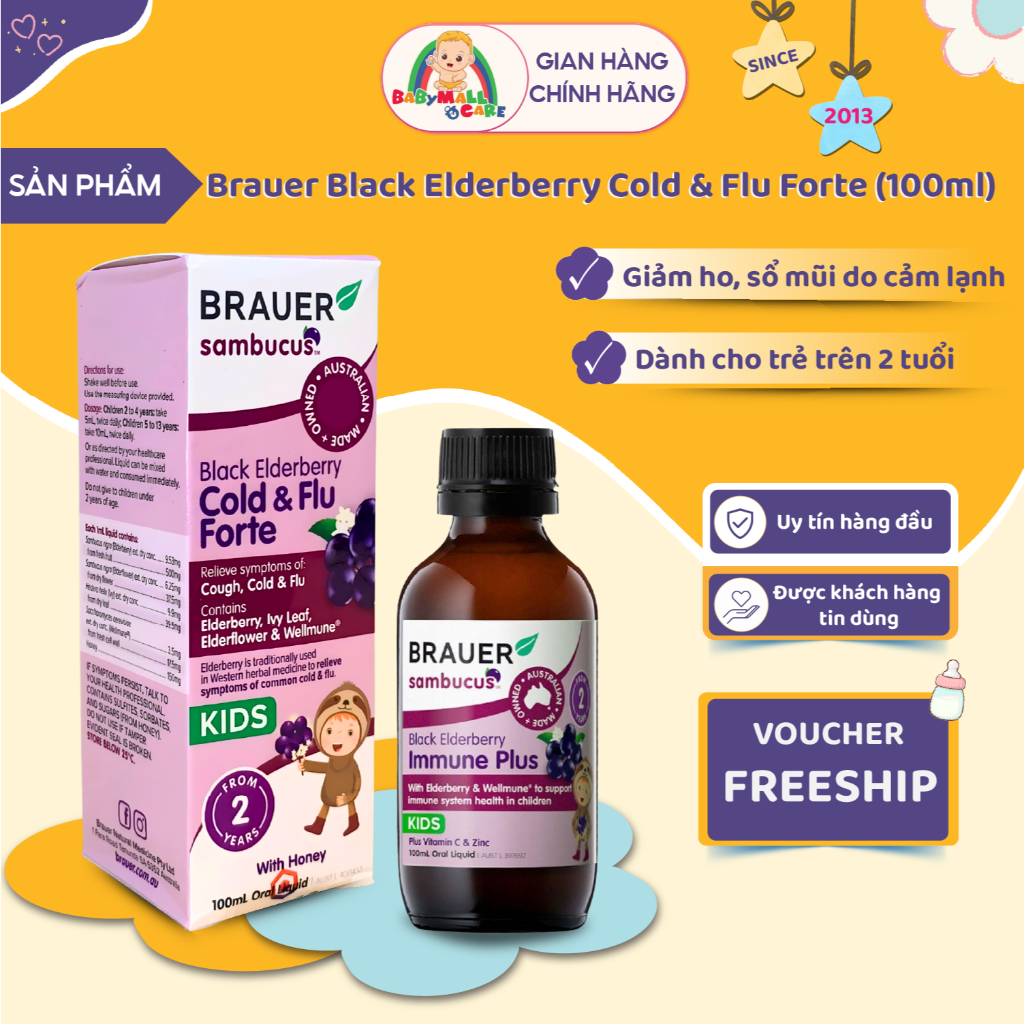 Siro Brauer Sambucus Black Elderberry Cold & Flu Forte Kids 100ml Hỗ Trợ Hô Hấp | Babymall & Care