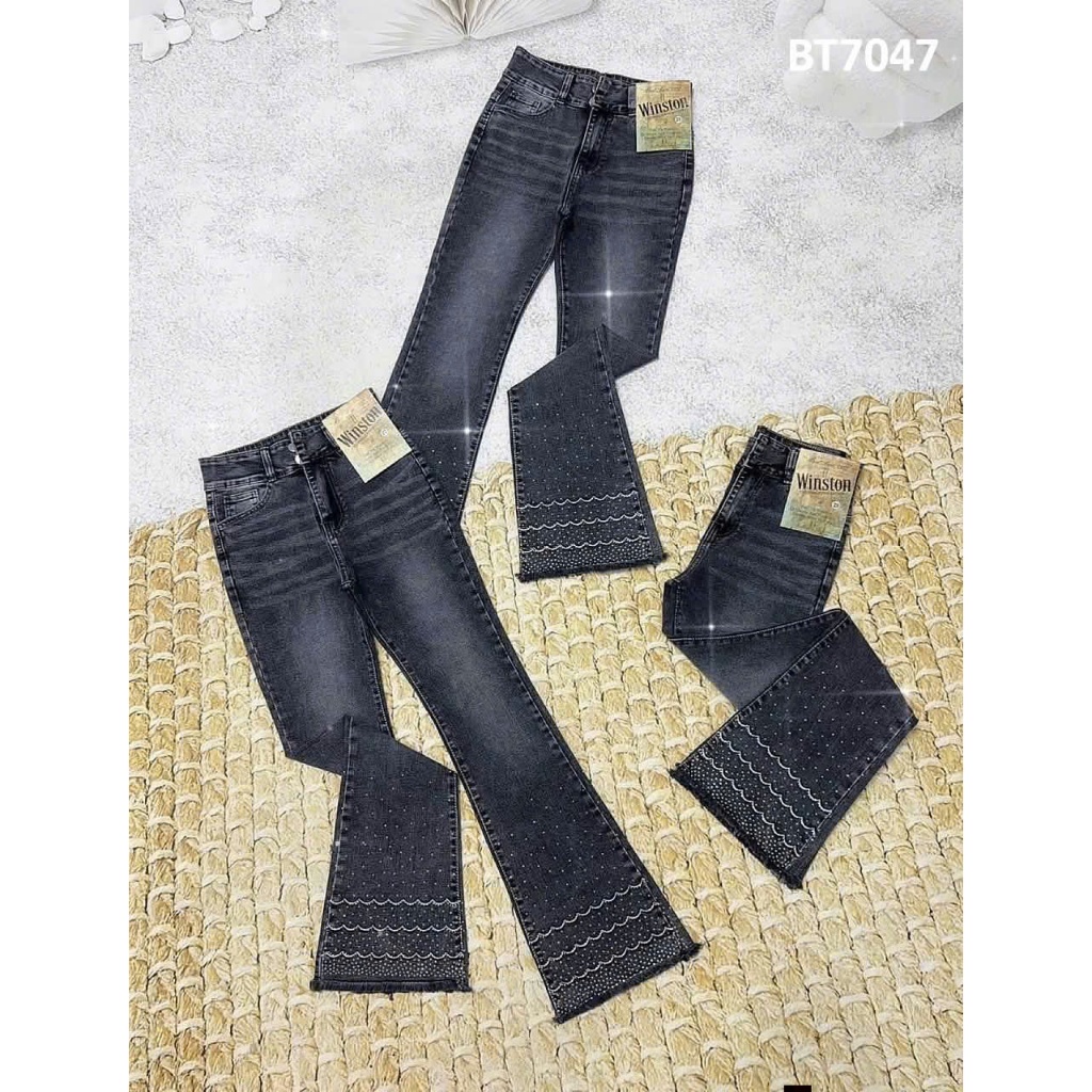 [101-103cm] Quần jeans Nữ Lưng cao Ống Loe Dài Thêu Và Đính Đá Tôn Dáng Thời trang Lai Tua