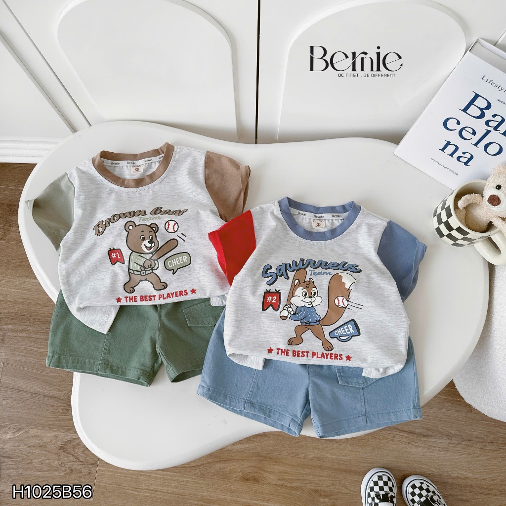 Bộ cotton tay phối in hình gấu bé trai sành điệu, bộ thun cổ tròn quần kaki fom đẹp cho bé trai