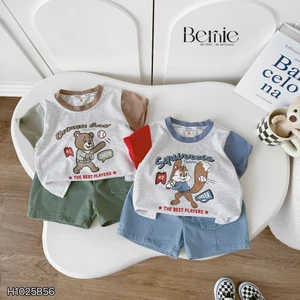 Bộ cotton tay phối in hình gấu bé trai sành điệu, bộ thun cổ tròn quần kaki fom đẹp cho bé trai