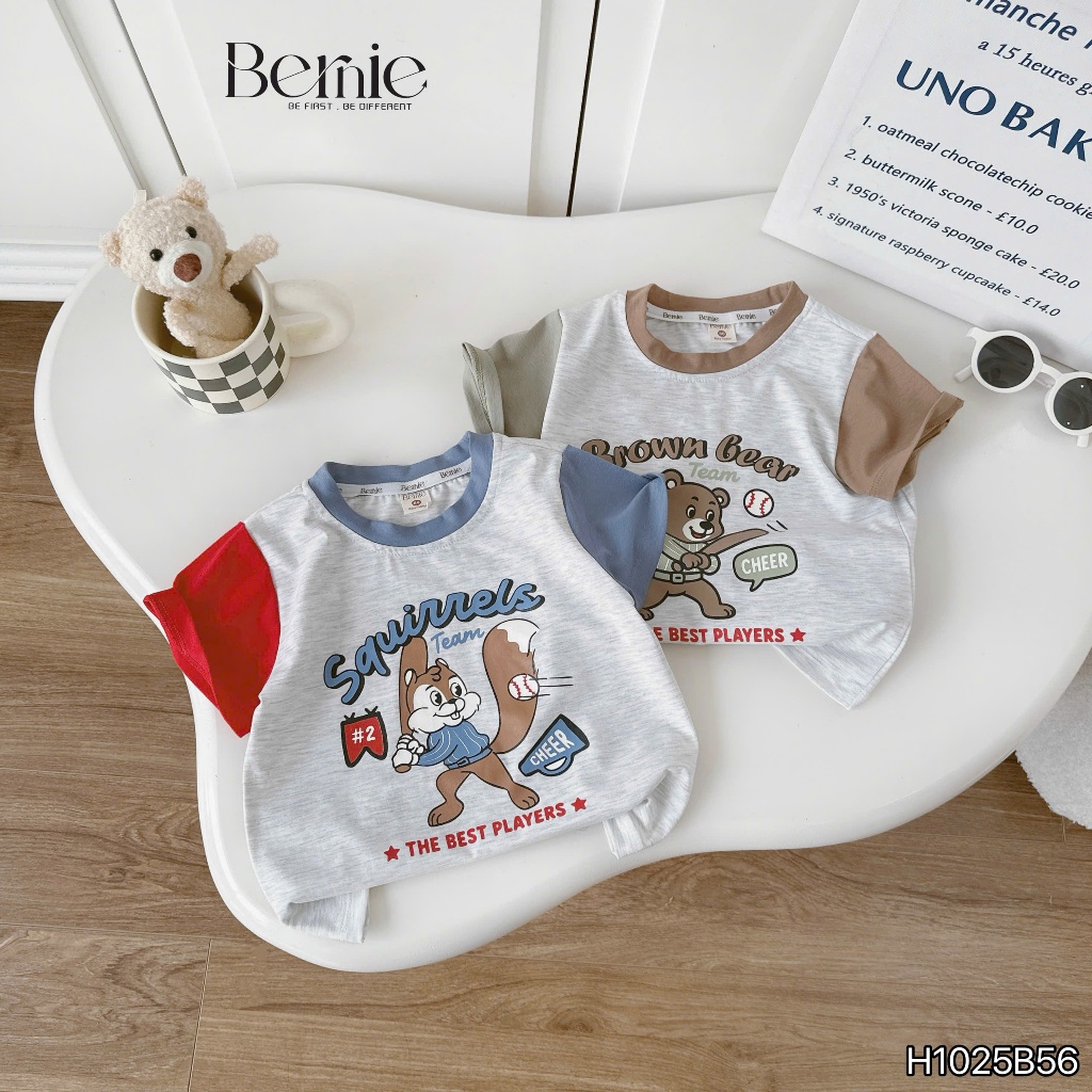 Bộ cotton tay phối in hình gấu bé trai sành điệu, bộ thun cổ tròn quần kaki fom đẹp cho bé trai